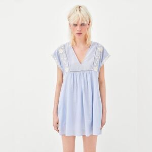 Zara Light Blue Cotton Embroidered Romper Playsuit Sz M
